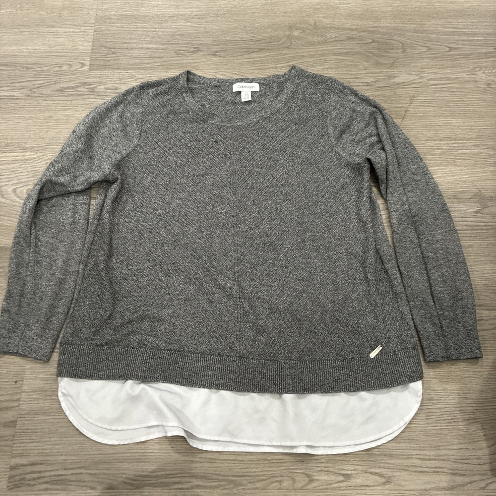 Calvin Klein Sweater Size Large L Gray Faux Under Shirt Lightweight Womens